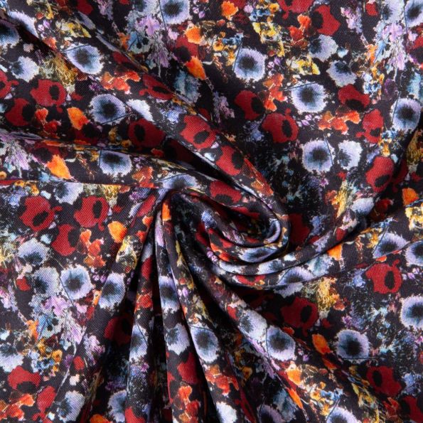 Tissu Jersey Coton imprimé Maria fleurs bohème sur fond Noir - Par 10 cm