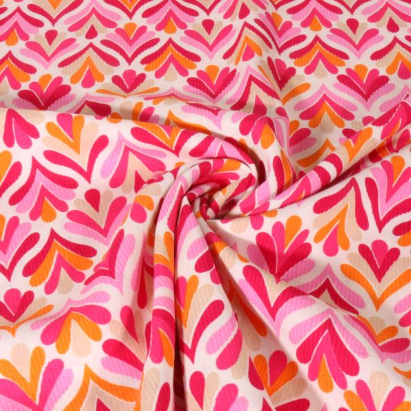 Tissu Viscose imprimé Art déco fuschia sur fond Ecru - Par 10 cm