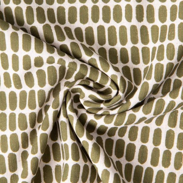 Tissu Lin lavé Viscose Célestin motif graphique Olive sur fond Ecru - Par 10 cm