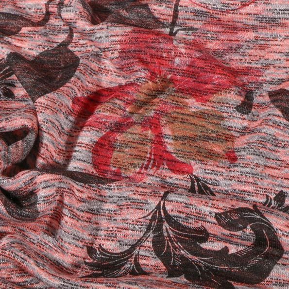 Tissu Maille Fleurs et feuilles sur fond Rouge chiné - Par 10 cm