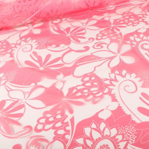 Tissu Imperméable Fleurs roses sur fond Transparent - Par 10 cm