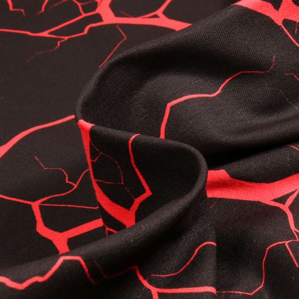 Tissu Jersey Coton Marbre rouge sur fond Noir - Par 10 cm