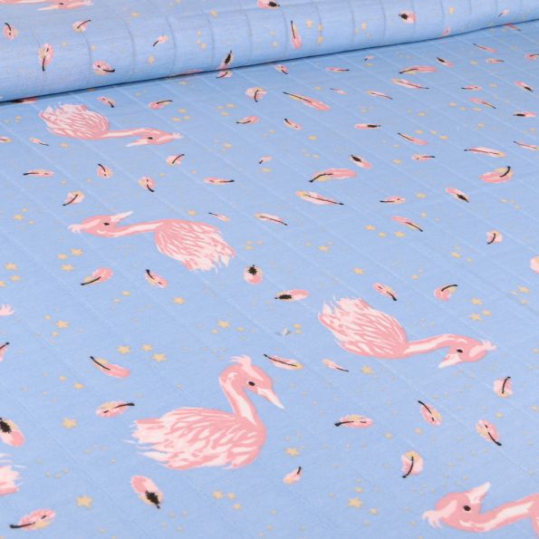 Tissu Jersey Coton hydrophile Cygnes et plumes sur fond Bleu - Par 10 cm
