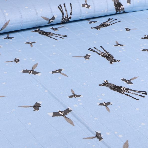 Tissu Jersey Coton hydrophile Zèbres et oiseaux sur fond Bleu - Par 10 cm