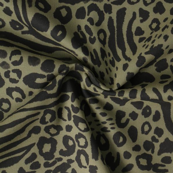 Toile de Coton imprimé Jade motif léopard Noir sur fond Vert kaki - Par 10 cm