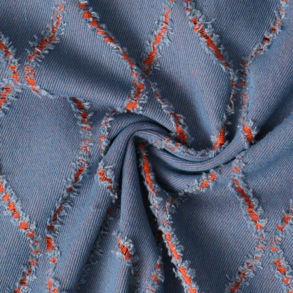 Tissu Jacquard Ondes Texturées Orange sur fond Bleu denim - Par 10 cm