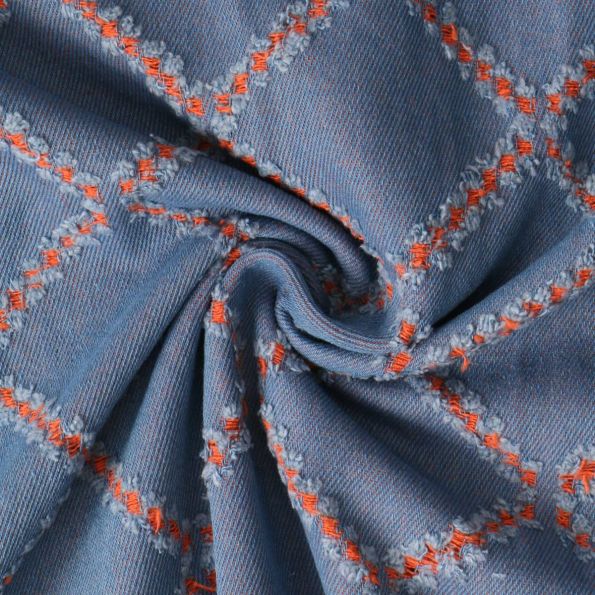 Tissu Jacquard Réseau Indigo Orange sur fond Bleu denim - Par 10 cm