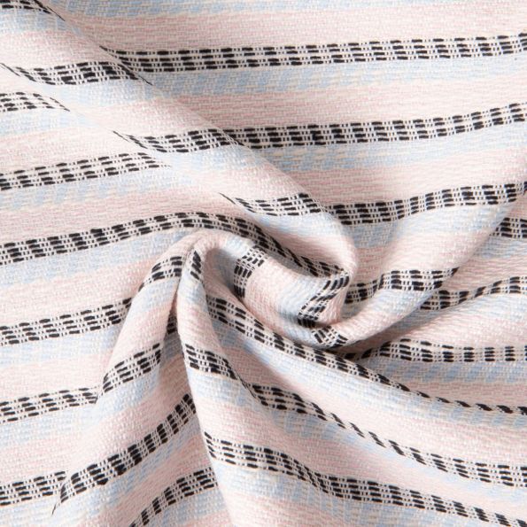 Tissu Jacquard Polycoton lurex Neela rayures Bleu et Noir sur fond Rose pastel - Par 10 cm