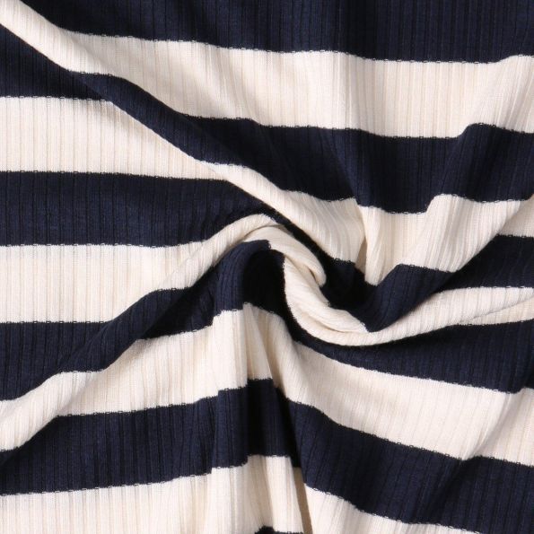 Tissu Jersey Viscose cotêlé Oréane rayures Bleu marine sur fond Blanc - Par 10 cm