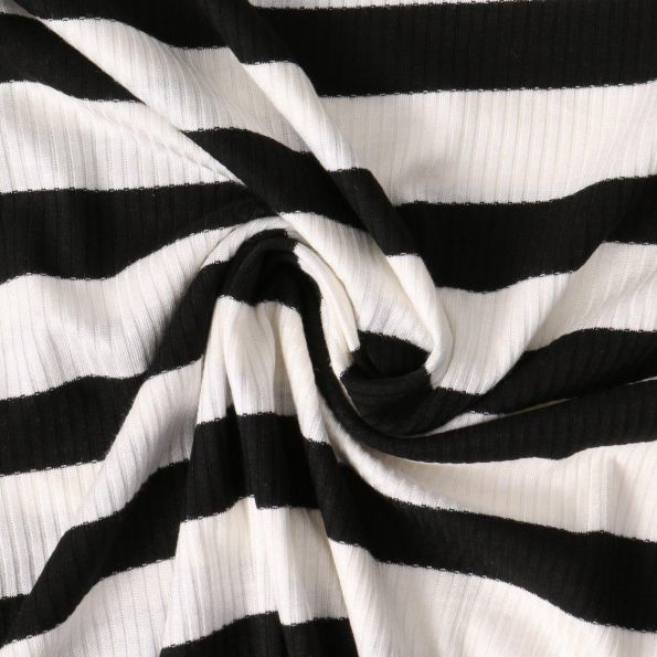 Tissu Jersey Viscose cotêlé Oréane rayures Noires sur fond Blanc - Par 10 cm