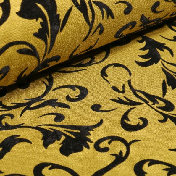 Tissu Jersey Milano Arabesque fleuris en relief velours sur fond vert - Par 10 cm