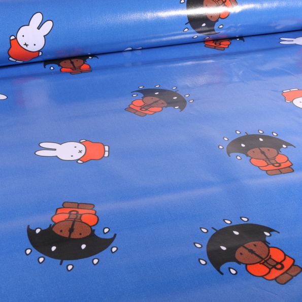 Tissu coton ciré de pluie imperméable Miffy Rain sur fond Bleu - Par 10 cm