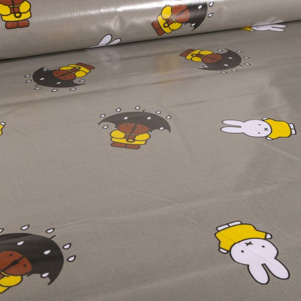 Tissu coton ciré de pluie imperméable Miffy Rain sur fond Gris - Par 10 cm