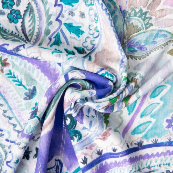 Tissu Viscose Lurex imprimé Cachemire stries sur fond Bleu turquoise - Par 10 cm