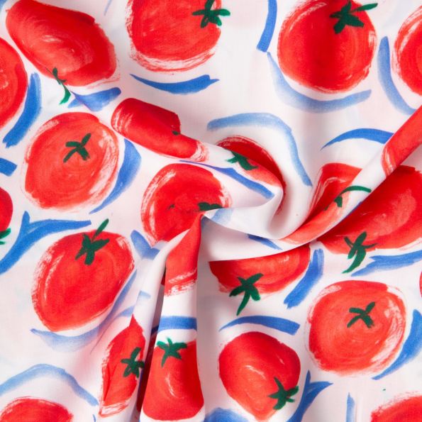 Tissu Viscose imprimé Shaun belles tomates Rouge sur fond Blanc - Par 10 cm