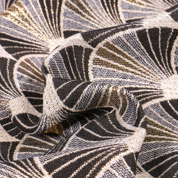 Tissu Jacquard Aylin Eventail dorés sur fond Noir - Par 10 cm