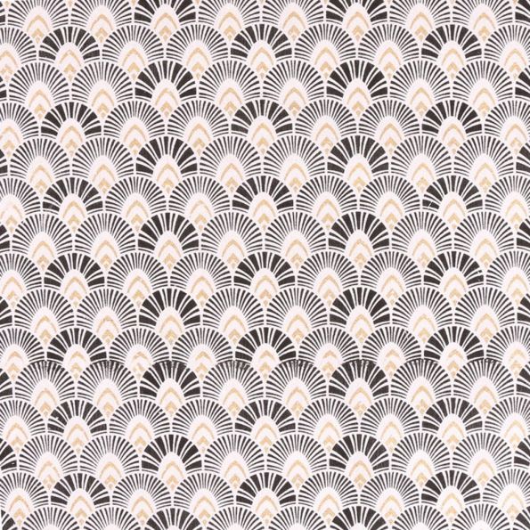 Tissu Toile de jute Grande écailles noires et dorés sur fond Blanc cassé - Par 10 cm