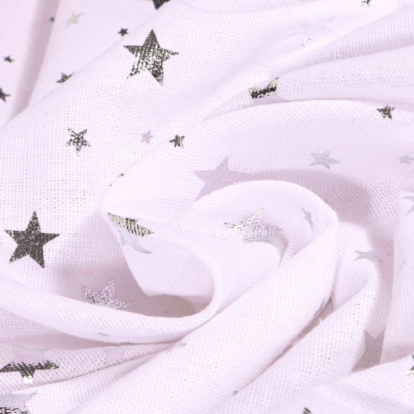 Tissu Toile de jute Etoiles métallisés argentés sur fond Blanc - Par 10 cm