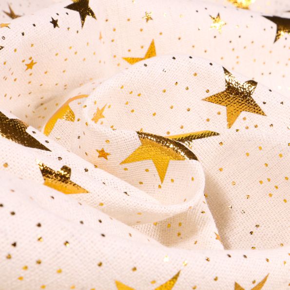 Tissu Toile de jute Etoiles métallisés dorés sur fond Ecru - Par 10 cm