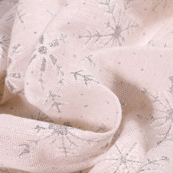 Tissu Toile de jute Flocons pailletés sur fond Blanc - Par 10 cm