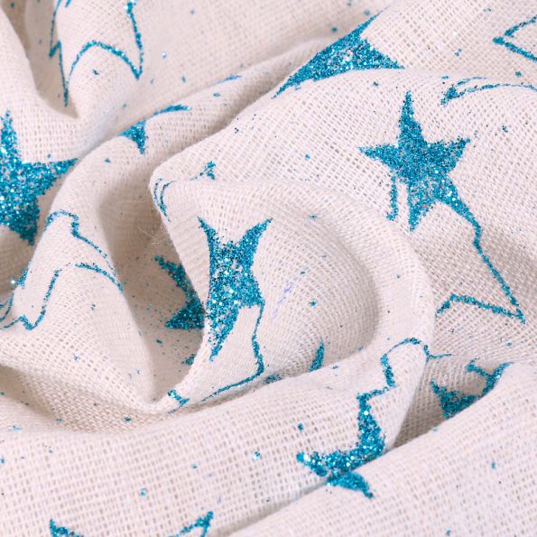 Tissu Toile de jute Etoiles pailletés sur fond Blanc - Par 10 cm