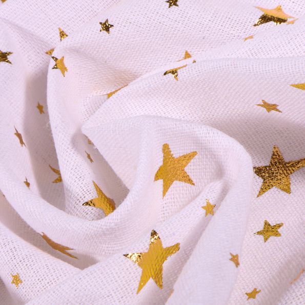 Tissu Toile de jute Etoiles métallisés dorés sur fond Blanc - Par 10 cm