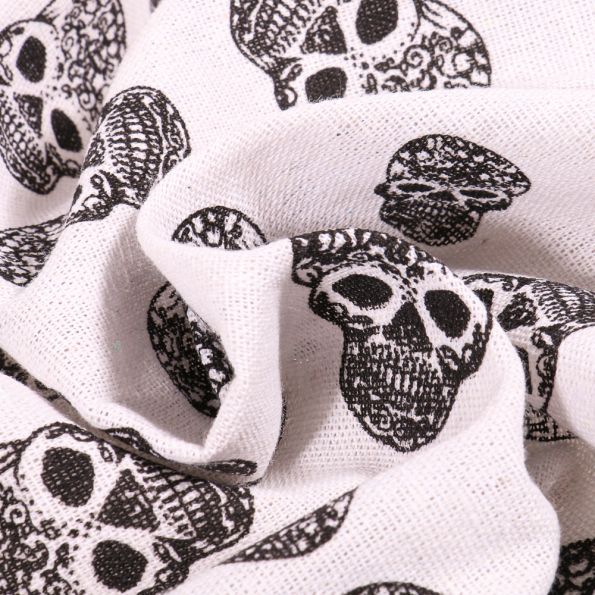 Tissu Toile de jute Têtes de morts sur fond Blanc - Par 10 cm