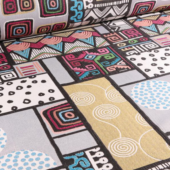 Tissu Jacquard Style Wax sur fond Gris clair - Par 10 cm