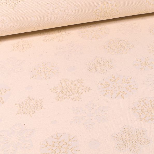 Tissu Toile de Coton Flocons dorés sur fond Beige - Par 10 cm