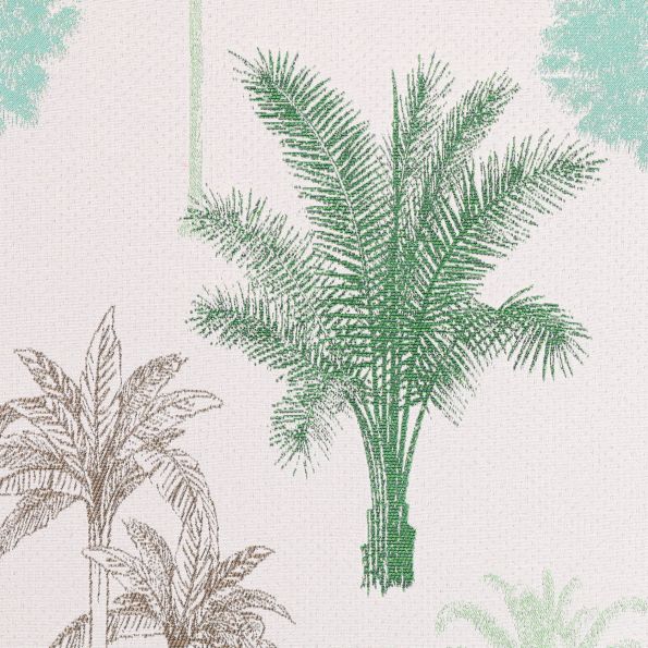 Tissu Jacquard Palmiers Verts et bruns sur fond Beige piqueté - Par 10 cm