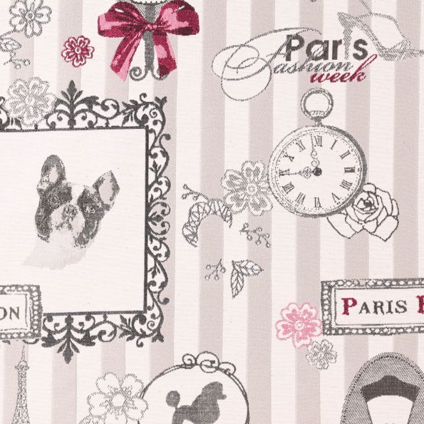 Tissu Jacquard Paris Nostalgie Rose et gris sur fond Beige - Par 10 cm