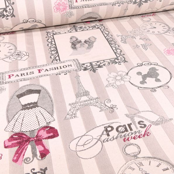Tissu Jacquard Paris Fashion sur fond Naturel - Par 10 cm