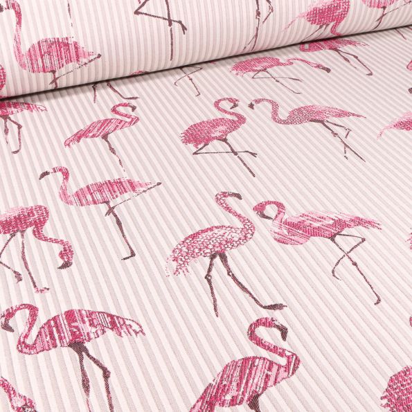 Tissu Jacquard Flamant rose et rayures sur fond Beige - Par 10 cm