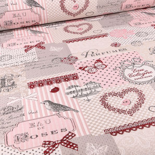 Tissu Jacquard Parfums délicats sur fond Beige - Par 10 cm