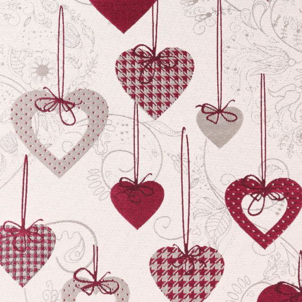 Tissu Jacquard Coeurs suspendus Grenat sur fond Beige - Par 10 cm
