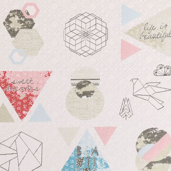 Tissu Jacquard Origami Vert, bleu et rose sur fond Beige - Par 10 cm