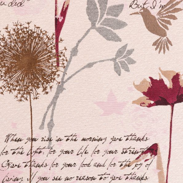 Tissu Jacquard Nature & Poésie  Rose, grenat et gris sur fond Beige - Par 10 cm