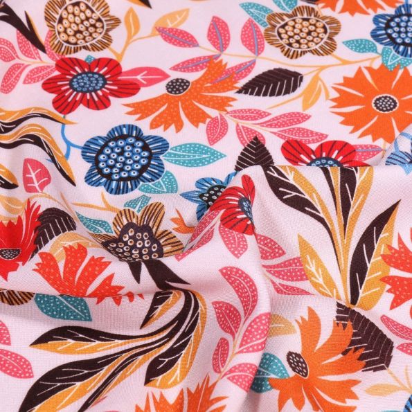 Tissu Viscose Dashwood Studio Gardenia Orange et bleu sur fond Blanc - Par 10 cm