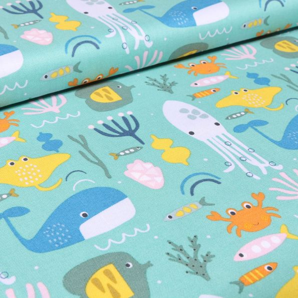 Tissu Coton Dashwood Studio Animaux marins sur fond Bleu lagon - Par 10 cm