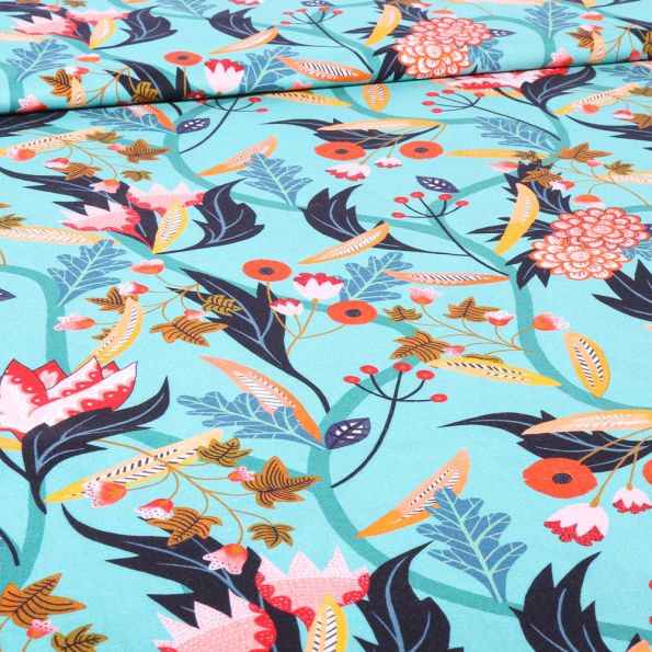 Tissu Liberty of London Gardenia sur fond Bleu - Par 10 cm