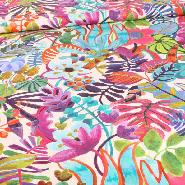 Tissu Liberty of London Jungle trip A sur fond Blanc - Par 10 cm