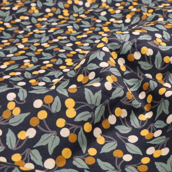 Tissu Liberty of London Cherry Drop jaune et ocre sur fond Bleu marine - Par 10 cm