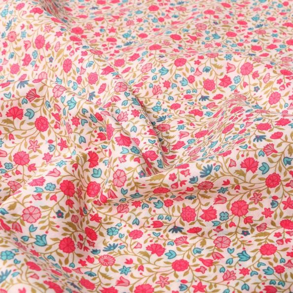 Tissu Liberty of London Queen's rose et turquoise sur fond Blanc - Par 10 cm