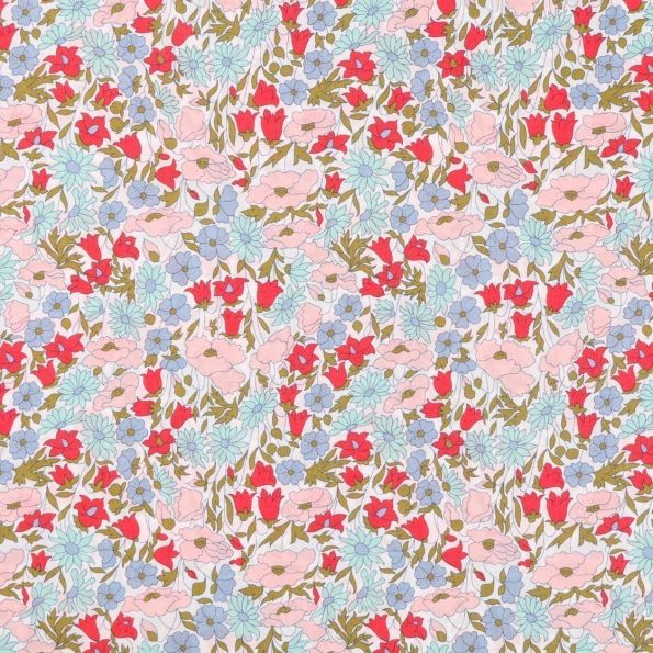 Tissu Liberty of London Poppy Daisy Bleu, rouge et rose - Par 10 cm
