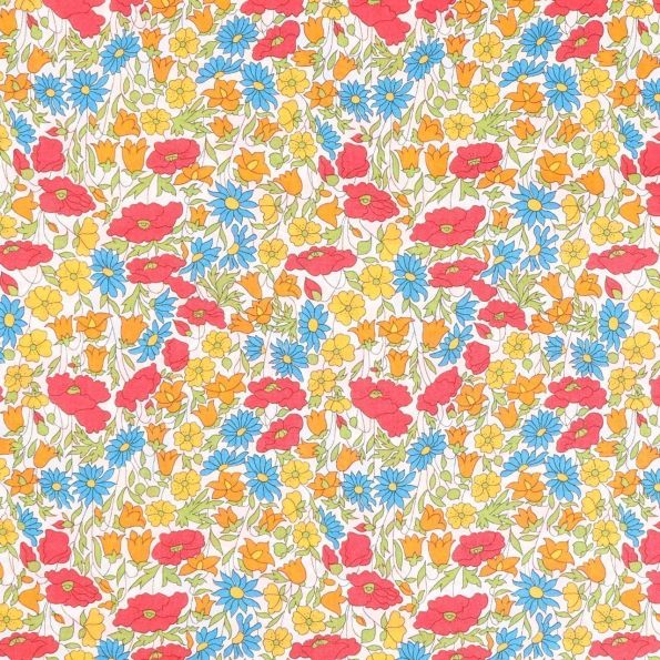 Tissu Liberty of London Poppy Daisy Fuchsia, bleu, orange et jaune - Par 10 cm