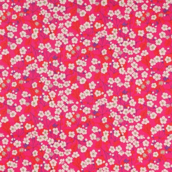 Tissu Liberty of London Mitsi Fuchsia, rouge, blanc et vert - Par 10 cm