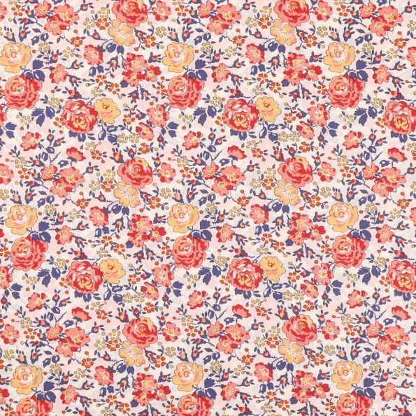 Tissu Liberty of London New Felicite Corail, jaune et bleu indigo - Par 10 cm
