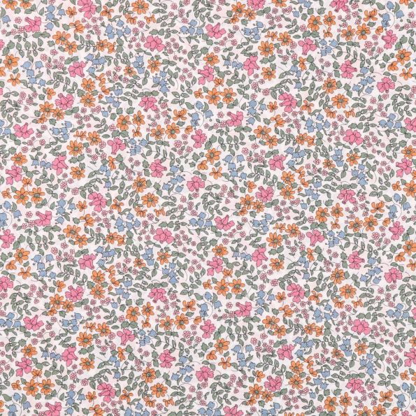 Tissu Liberty of London Emilia's Bloom Vert, orange, rose et bleu-gris - Par 10 cm