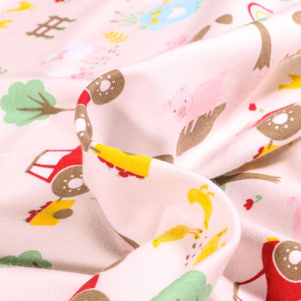 Tissu Jersey Coton Animaux de la ferme et tracteur sur fond Blanc cassé - Par 10 cm