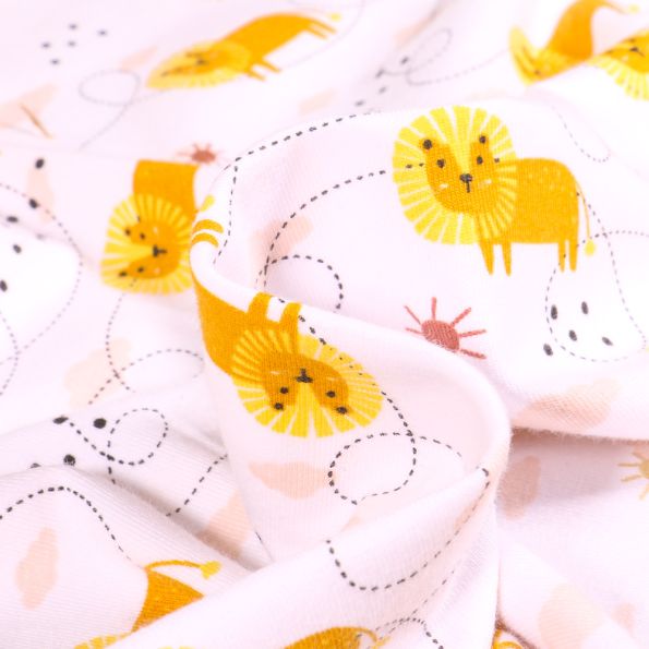Tissu Jersey Coton Petit lion et soleil sur fond Blanc - Par 10 cm